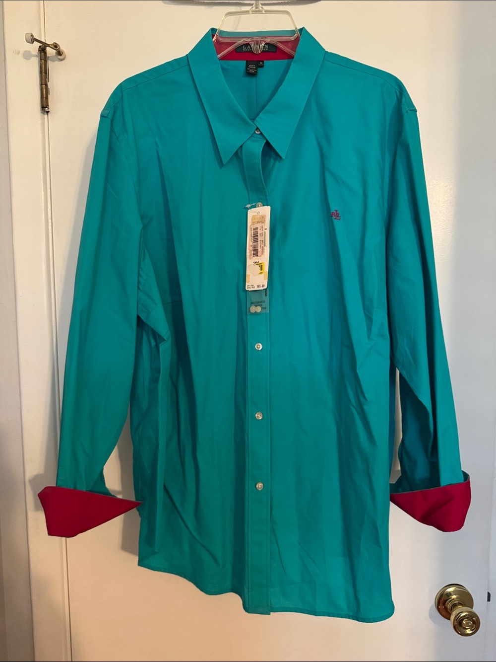 Lauren-Ralph Lauren Teal Dress Shirt with Fuchsia Contrast Cuffs NWT Sz 3x